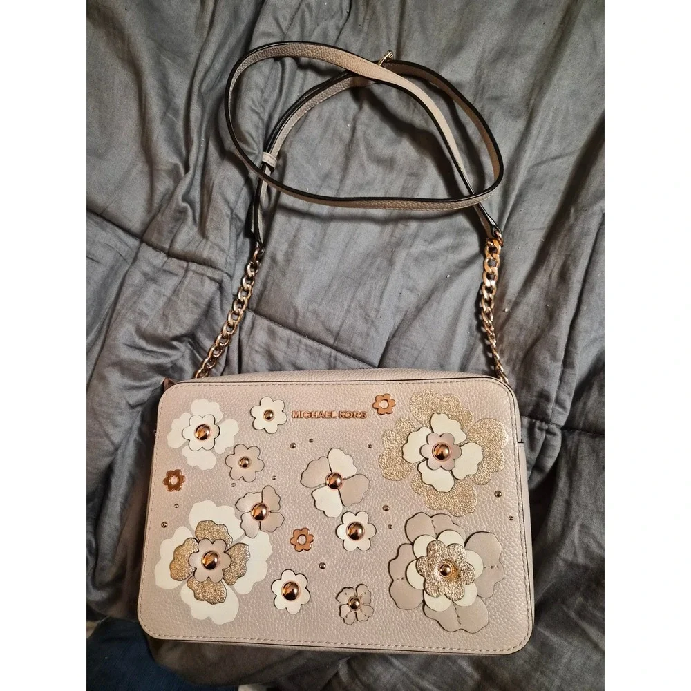 Michael Kors Jet Set EW Floral Applique Crossbody Bag Pink Beige Rose Gold - Picture 7 of 12